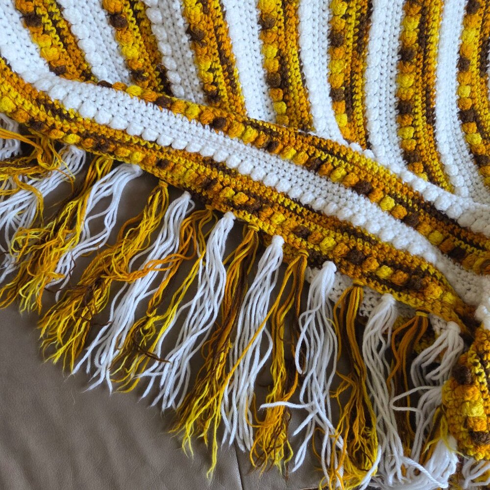 Hand Made Crochet Bohemian Yellow White throw Afghan Blanket long firnges. - Picture 3 of 6